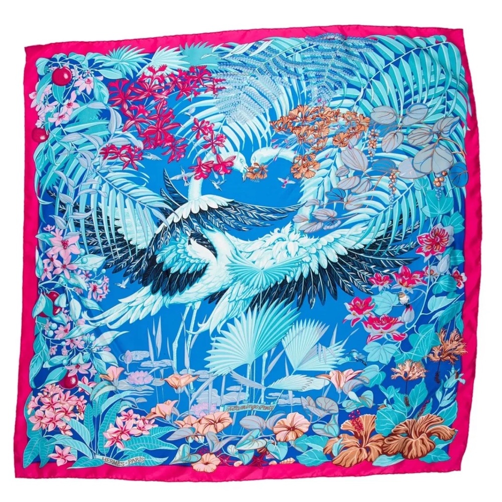 Hermes Rose Pink Blue Twill Silk 90 cm Flamingo Party Scarf